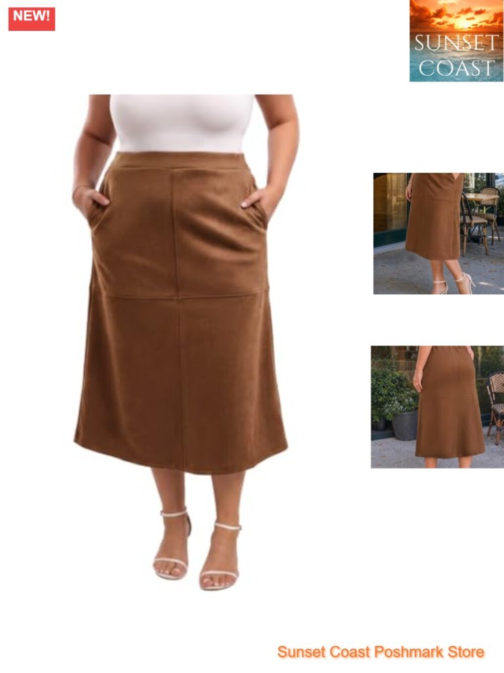 Faux Suede A-Line Midi Skirt High Waist Elastic Waist Work